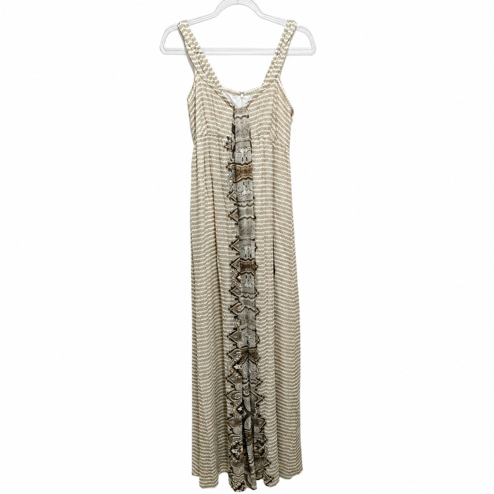 Ellavie 100% Silk‎ Maxi Dress Y2K Size 4 Beige Paisley Boho Sleeveless Long